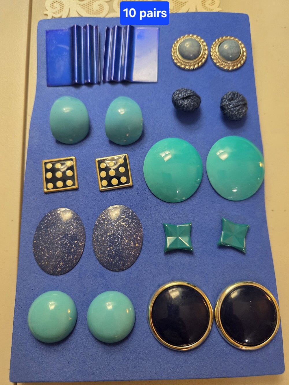 Assorted Blue & Turquoise Vintage Pierced Earring Set - 10 Pairs